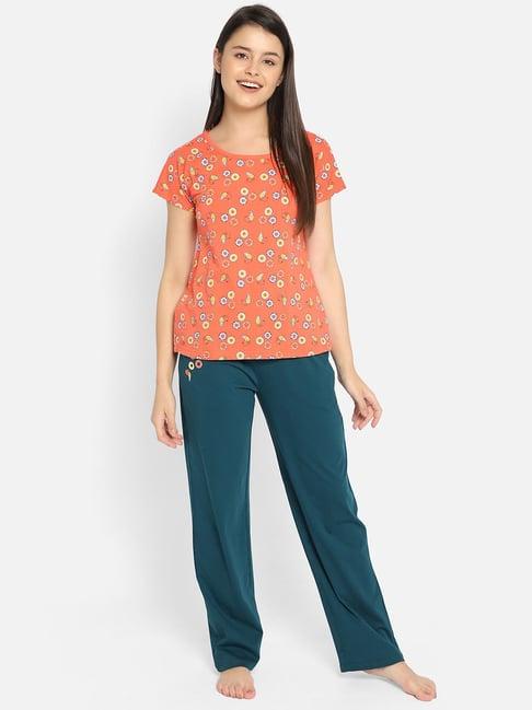 clovia orange & teal printed t-shirt with pyjamas