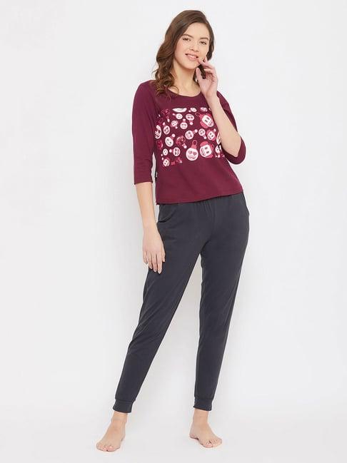 clovia maroon & black printed top with joggers