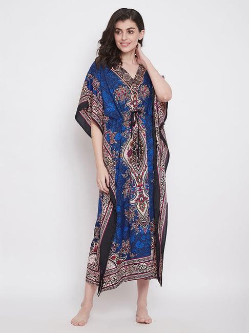 clovia royal blue printed kaftan