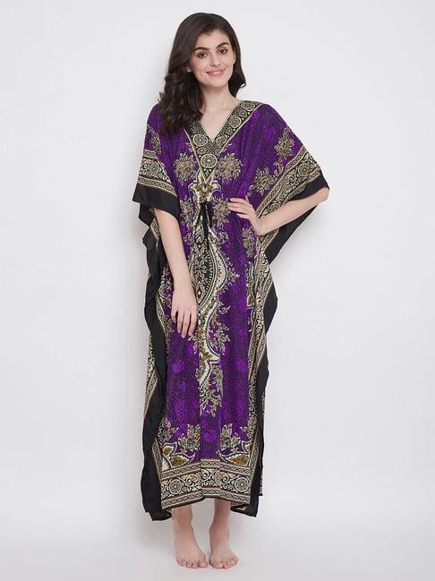 clovia dark purple printed kaftan