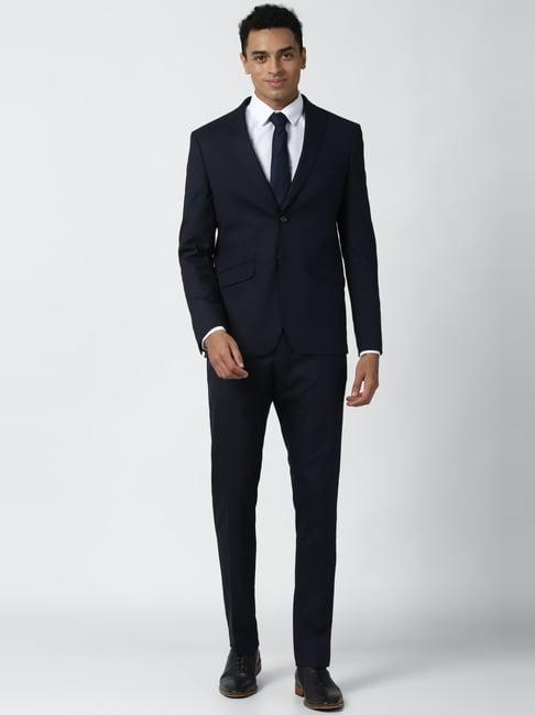 peter england navy slim fit checks two piece suit