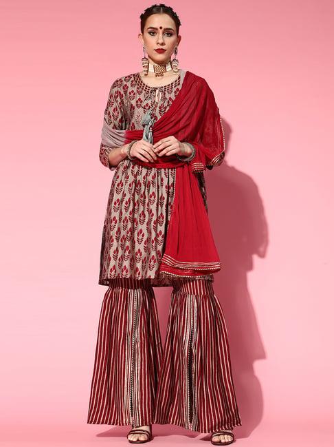 ishin grey & red embroidered kurti sharara set with dupatta