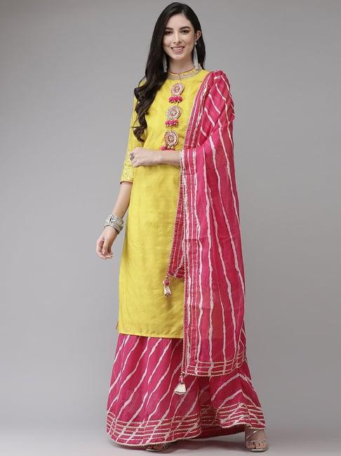 ishin yellow embroidered kurta skirt set with dupatta