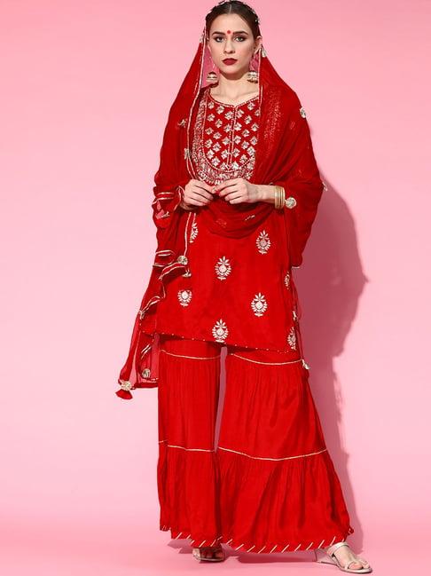 ishin red embroidered kurti sharara set with dupatta