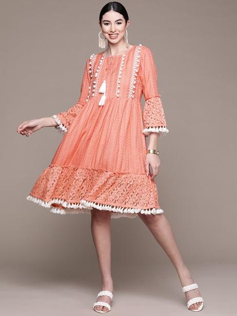 ishin peach cotton embroidered a-line dress