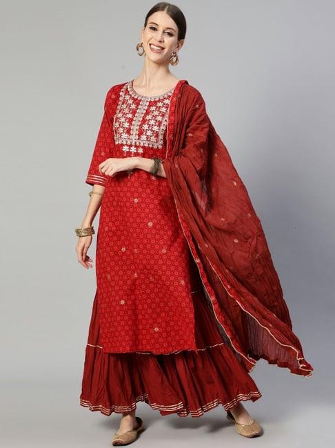 ishin maroon embroidered kurta sharara set with dupatta