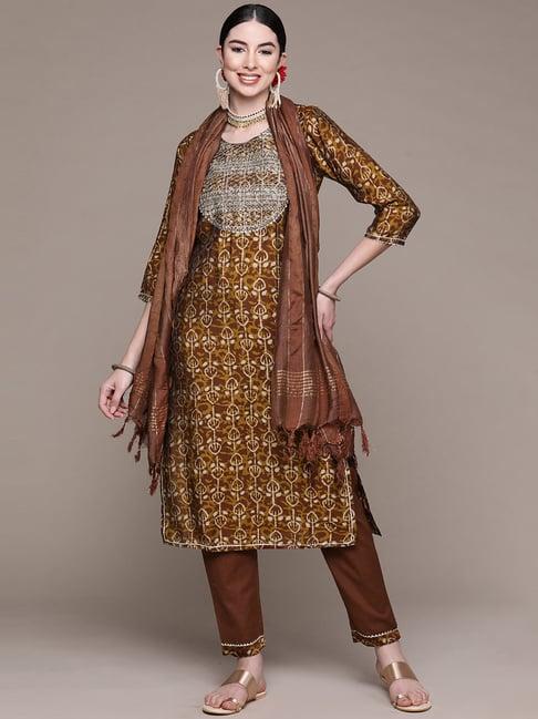 anubhutee brown cotton embellished kurta palazzo set with dupatta