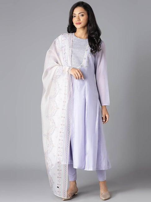 wishful by w purple embellished kurta pant set with dupatta