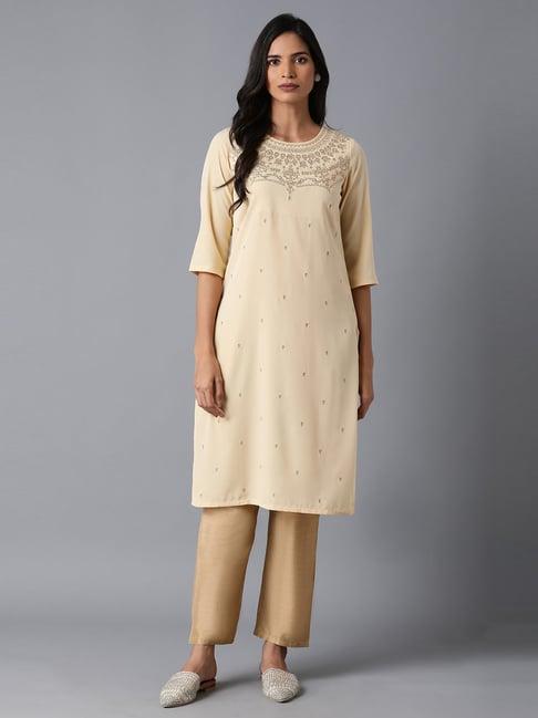 w beige embellished straight kurta