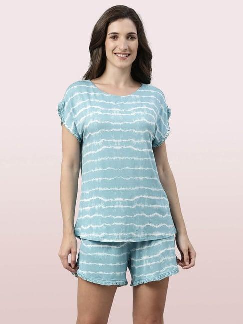 enamor blue striped top with shorts