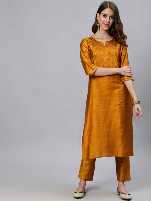 jaipur kurti mustard floral printed straight fit kurta pant set