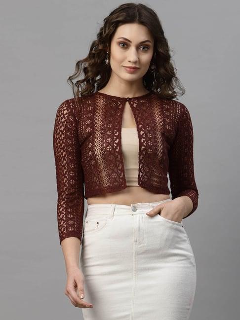 style quotient maroon self design crop shrug