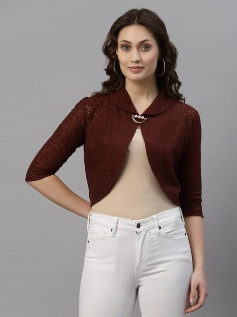 style quotient maroon self design crop shrug