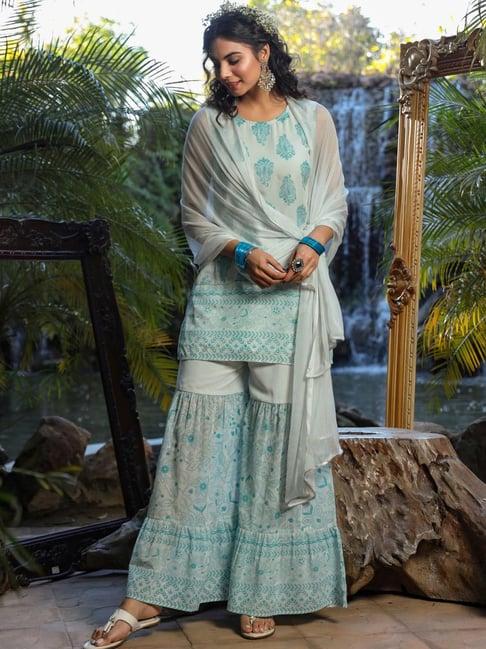 juniper blue ethnic motif printed georgette kurta sharara & chiffon dupatta set