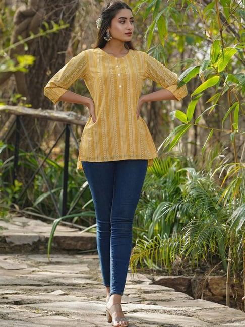 juniper yellow ethnic motif printed georgette high-low tunic