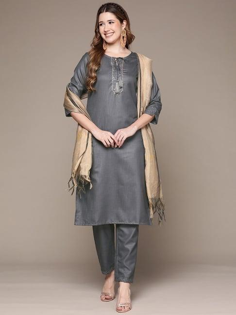 anubhutee grey embellished kurta pant set with dupatta