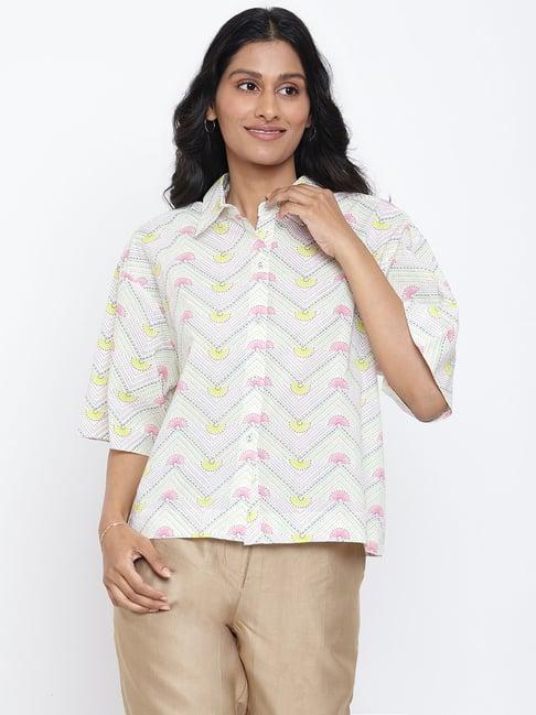 fabindia pink & green cotton printed shirt