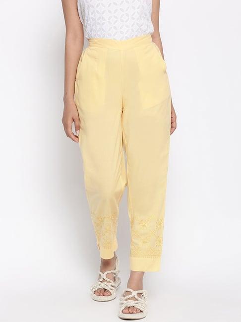 fabindia yellow cotton embroidered pants