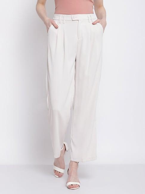 global republic off white regular fit pleated trousers