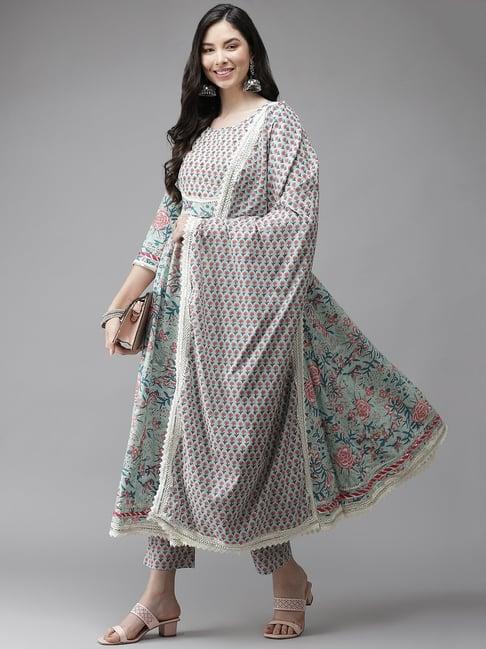 cayman light green printed kurta with pant & dupatta