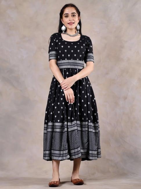 rustorange black printed a-line dress