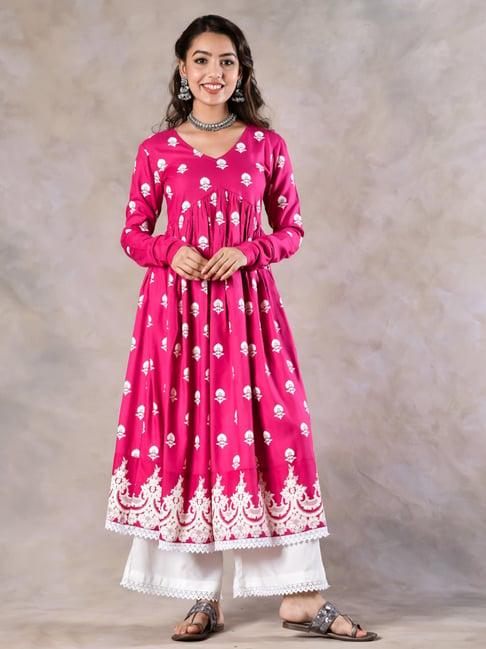 rustorange pink & white printed kurta palazzo set