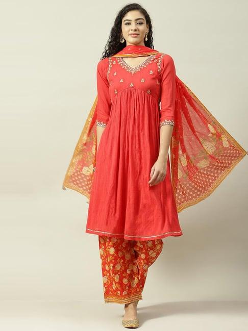 biba red & yellow cotton embroidered kurta palazzo set with dupatta