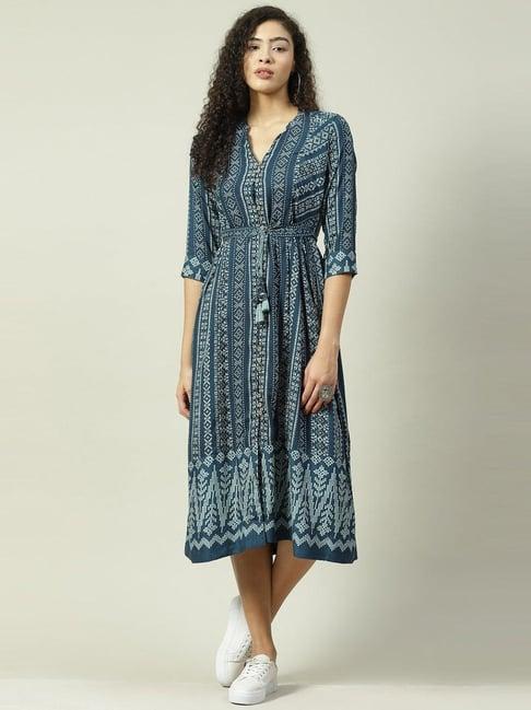 biba blue & green printed a-line dress