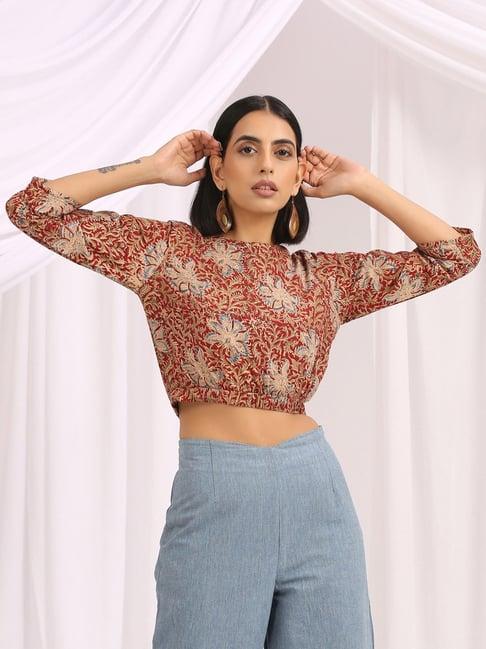 okhai jashan red pure cotton floral print crop top