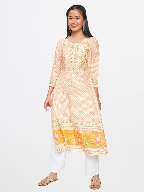 global desi orange & beige floral print kurta