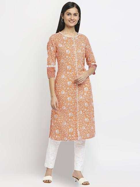 ethnicity orange cotton floral print straight kurta