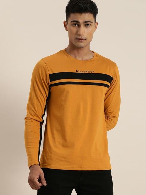 dillinger mustard cotton regular fit striped t-shirt