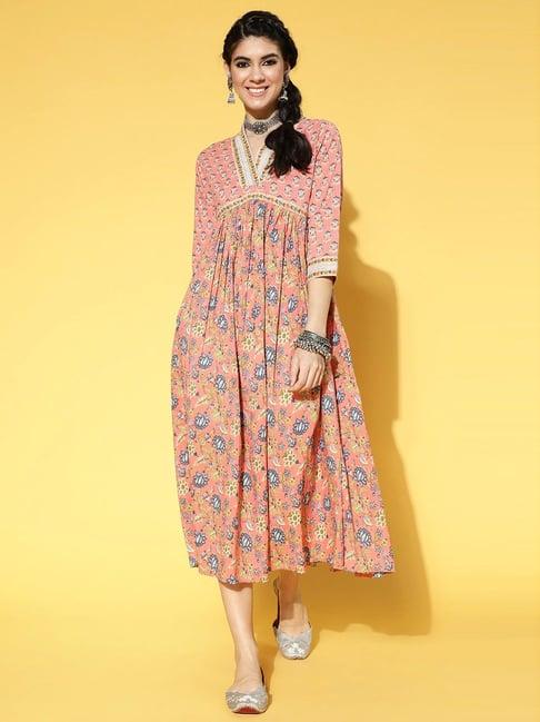 yufta peach cotton printed a-line dress