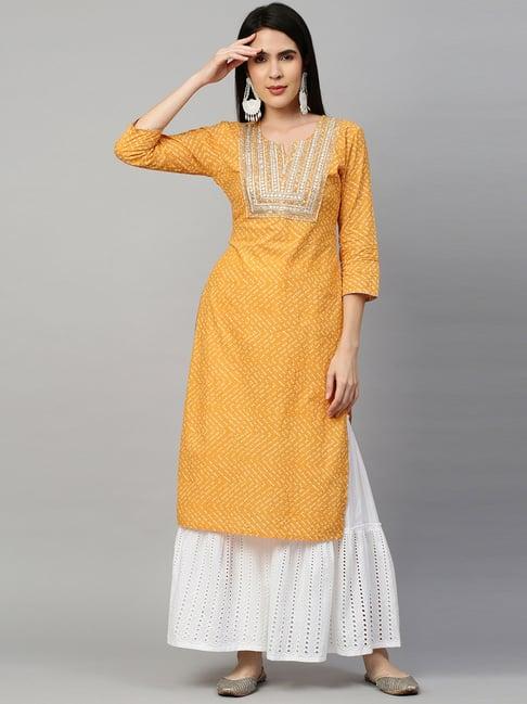 fashor mustard pure cotton zari work straight kurta