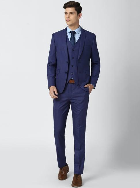 van heusen navy skinny fit self pattern three piece suit