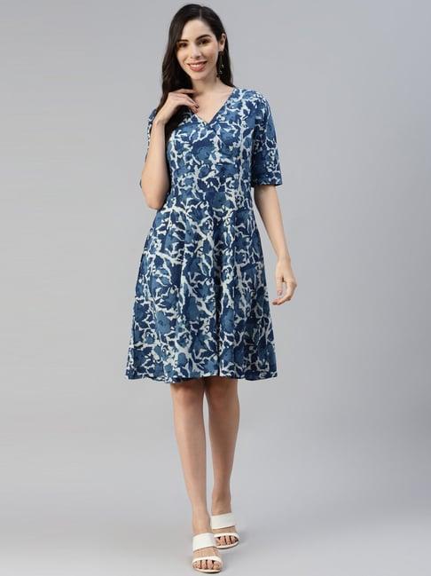 divena blue cotton printed a-line dress