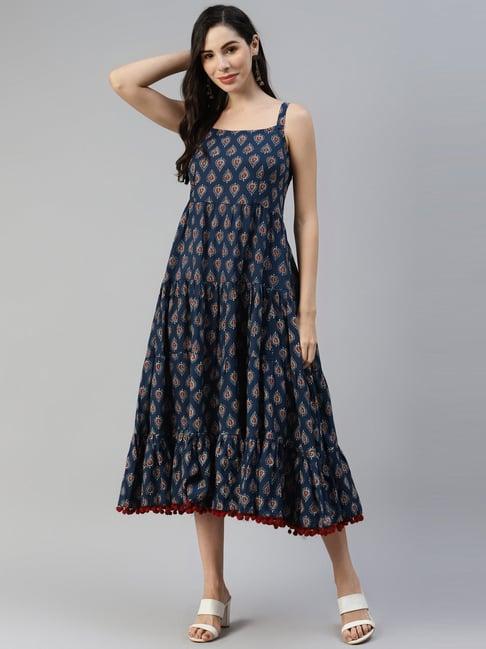 divena navy & brown cotton printed a-line dress