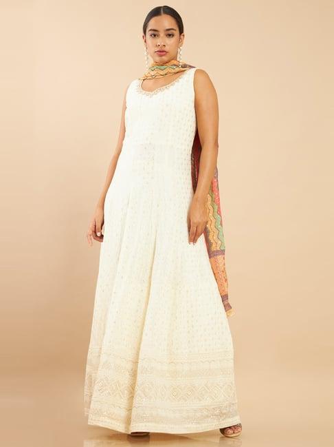 soch off-white embellished kurta pant set with dupatta