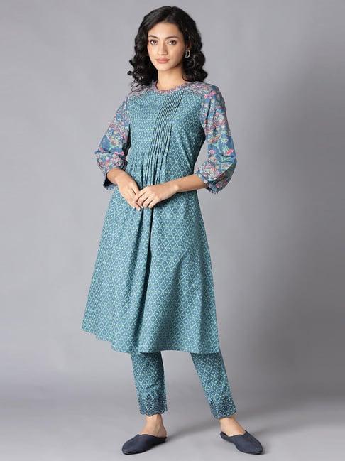 w teal green floral print a line kurta