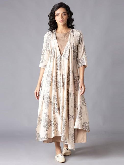 w beige cotton floral print kurta with jacket