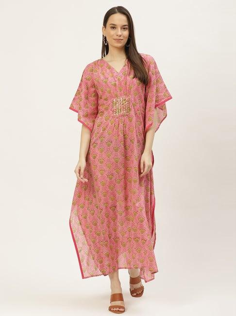 maaesa pink cotton embellished a-line kaftan dress