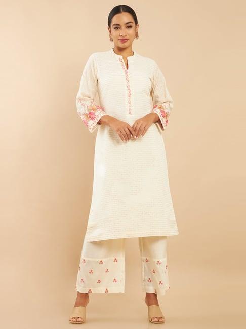 soch off-white cotton embroidered kurta palazzo set