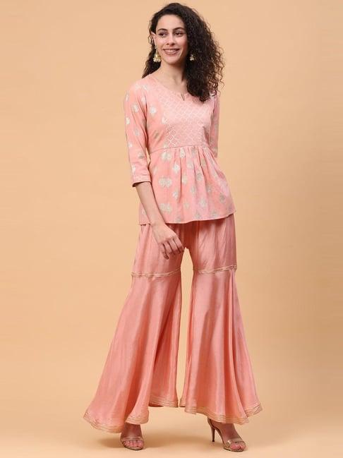 rangriti peach woven pattern tunic sharara set