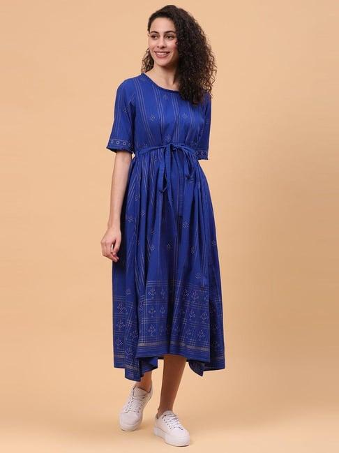 rangriti blue cotton printed a-line dress