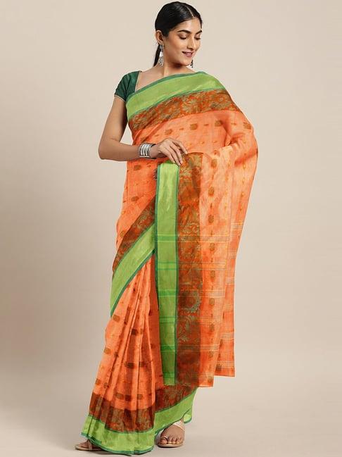 kalakari india orange & green cotton woven saree with unstitched blouse