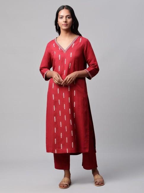 linen club women maroon printed kurta