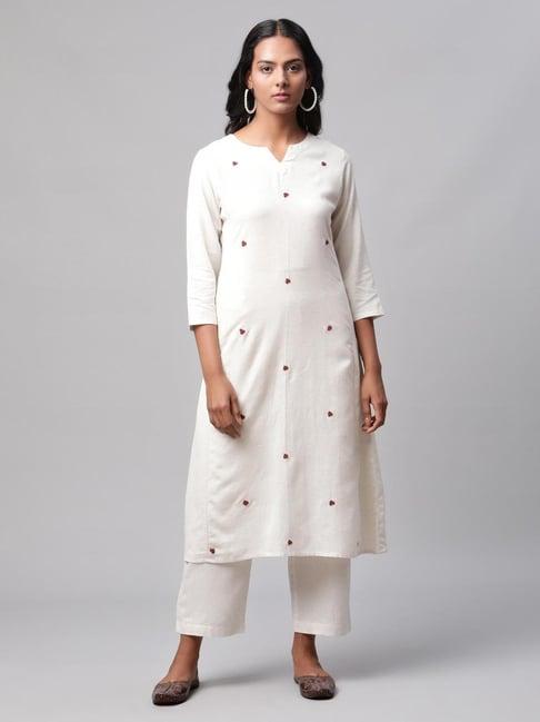 linen club women off white embroidered kurta