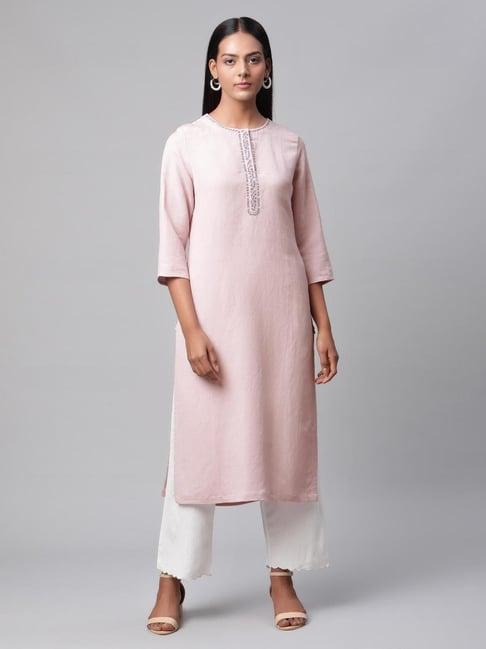 linen club women light pink embroidered kurta