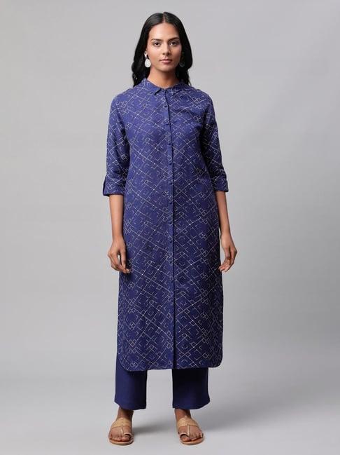 linen club women navy printed kurta