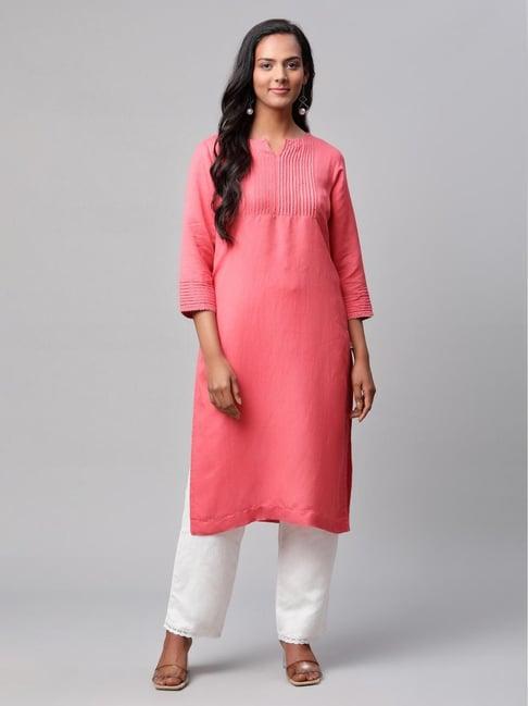 linen club women pink embroidered kurta